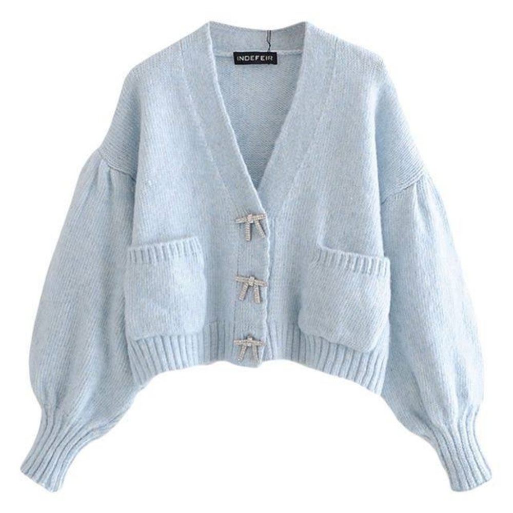Rhinestone bow cropped baby blue puff sleeve cardigan sweater